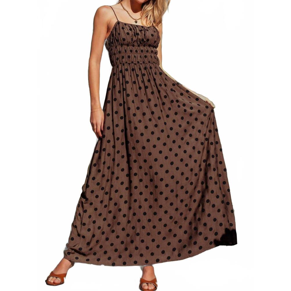 NEW URBAN DAIZY polka dot smocked maxi dress in brown black